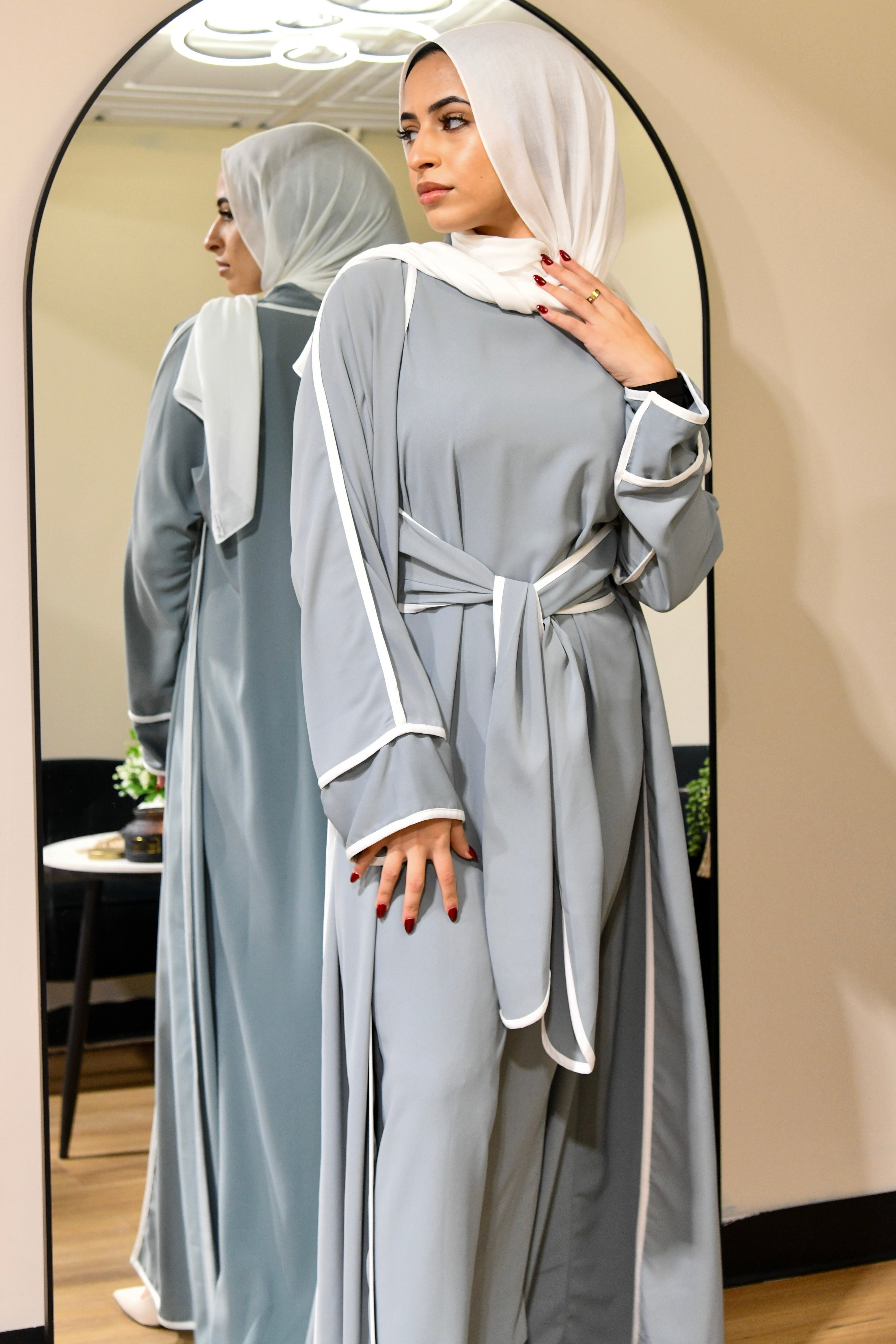 Stripe Tie Waist Abaya Set -  Grey