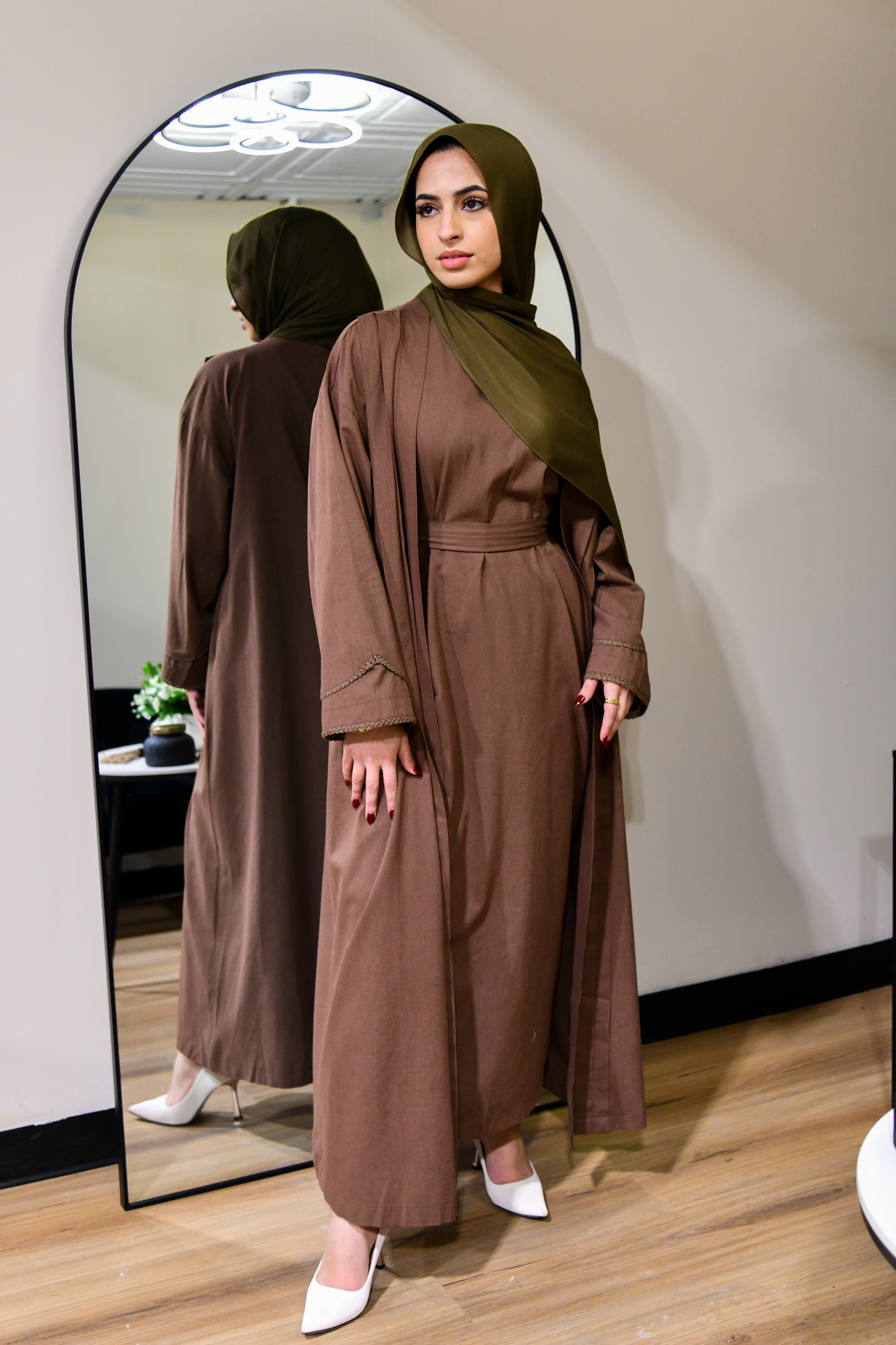 Linen Abaya Set Dress - Brown