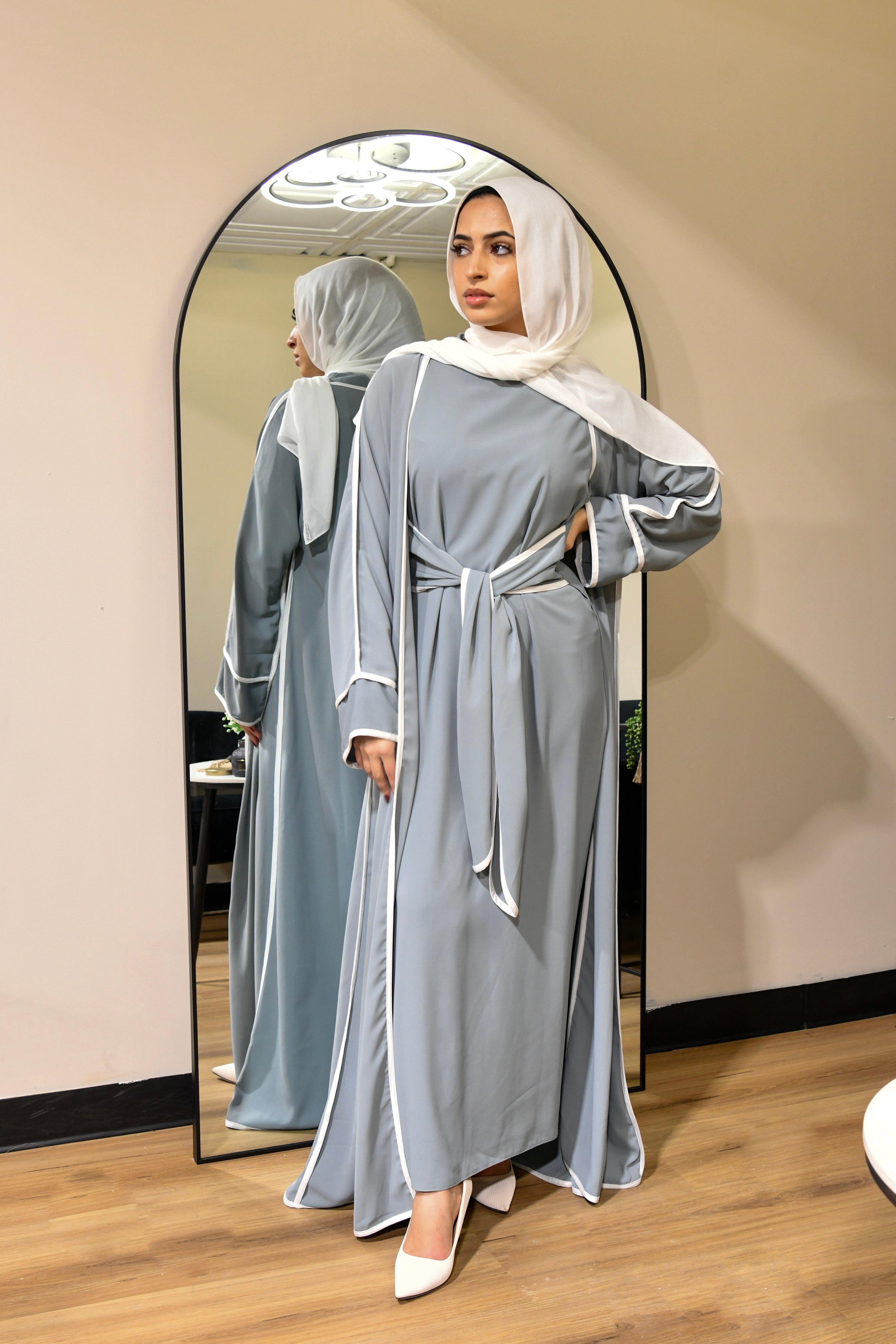 Stripe Tie Waist Abaya Set -  Grey