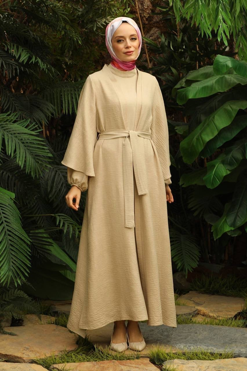 Linen Double Sleeve 2 Piece Abaya Set - Nude