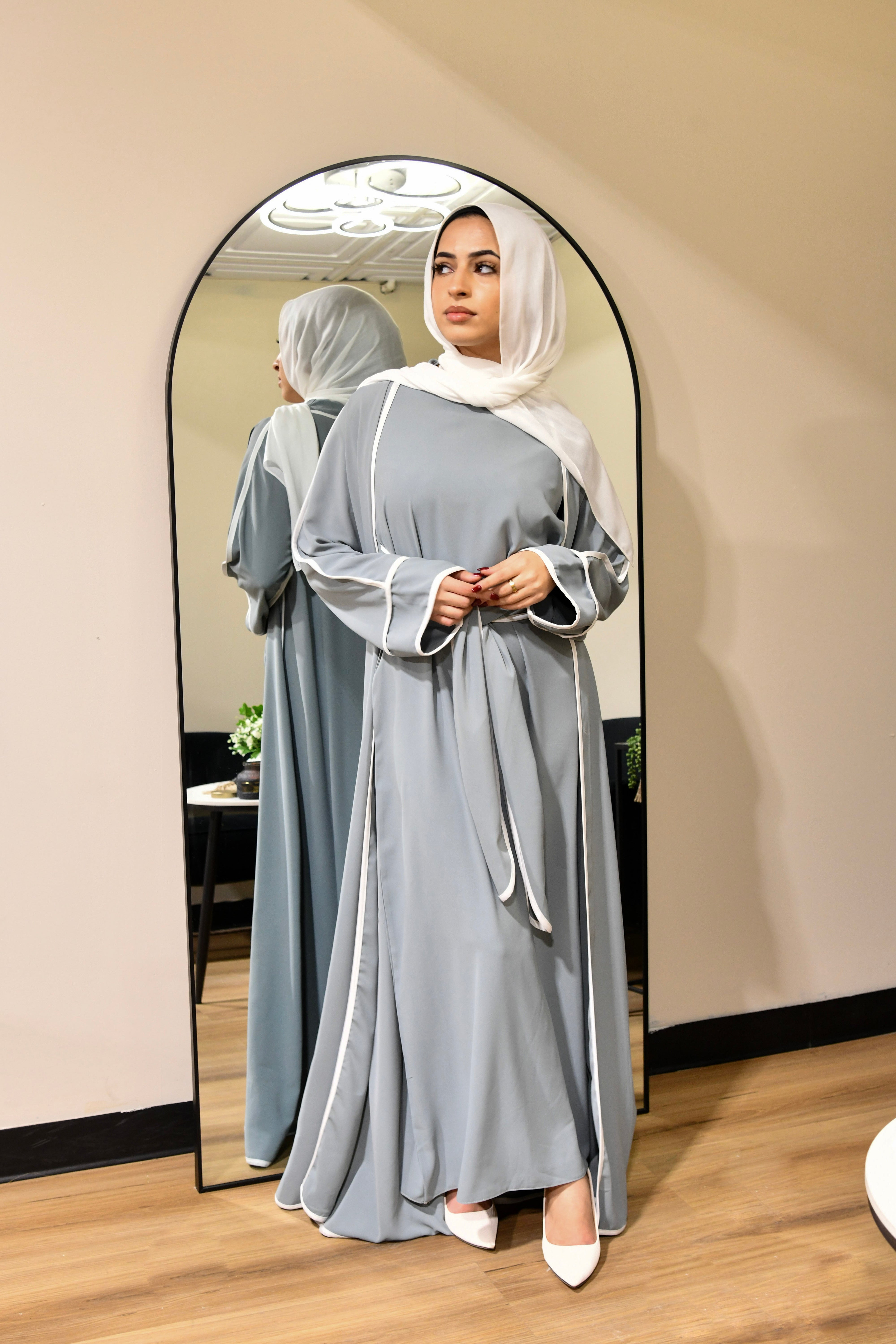 Stripe Tie Waist Abaya Set -  Grey