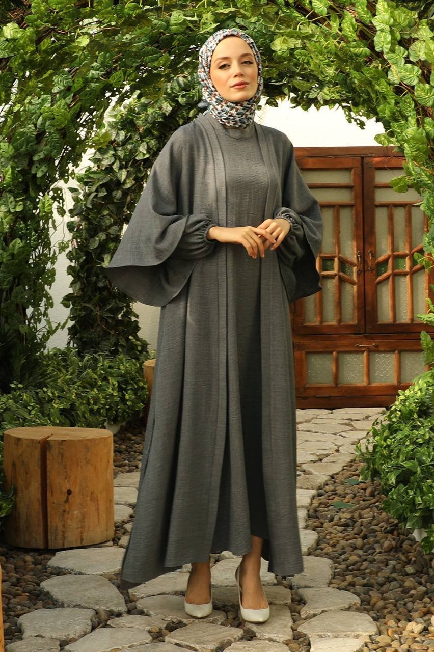 Linen Double Sleeve 2 Piece Abaya Set - Charcoal