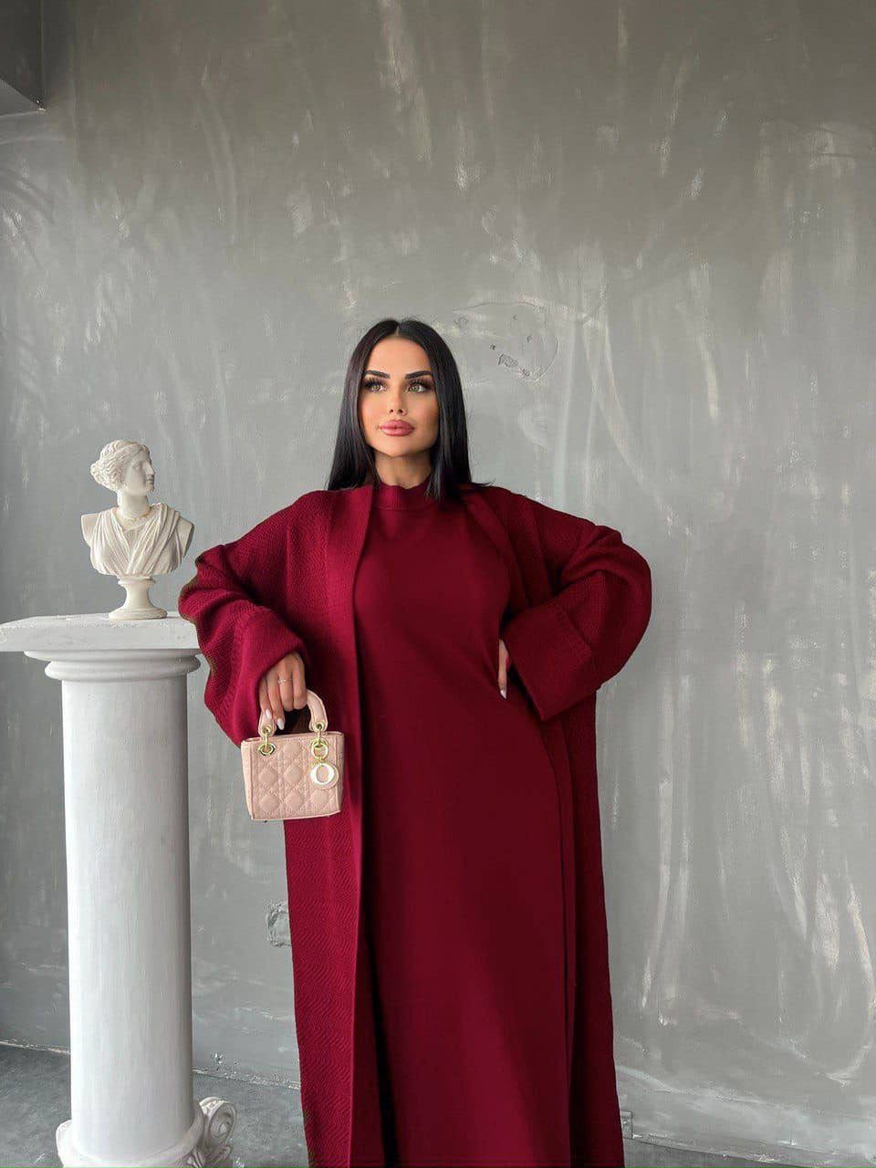 Knitted Abaya Cardigan 2 Piece Set - Maroon