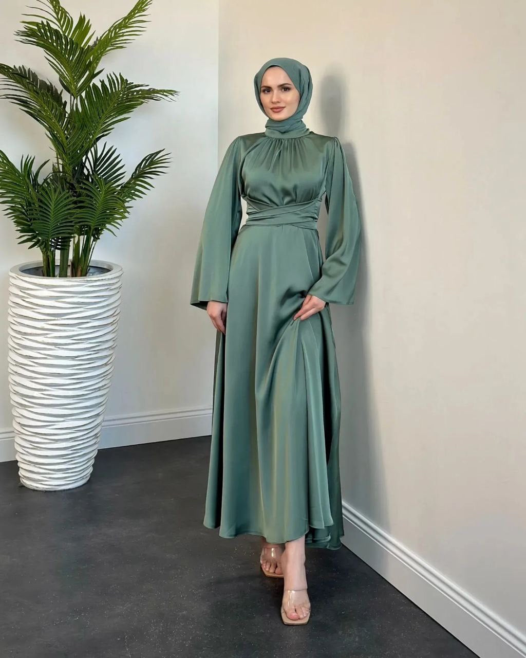 Satin Wrap Maxi Evening Dress - Sage Green