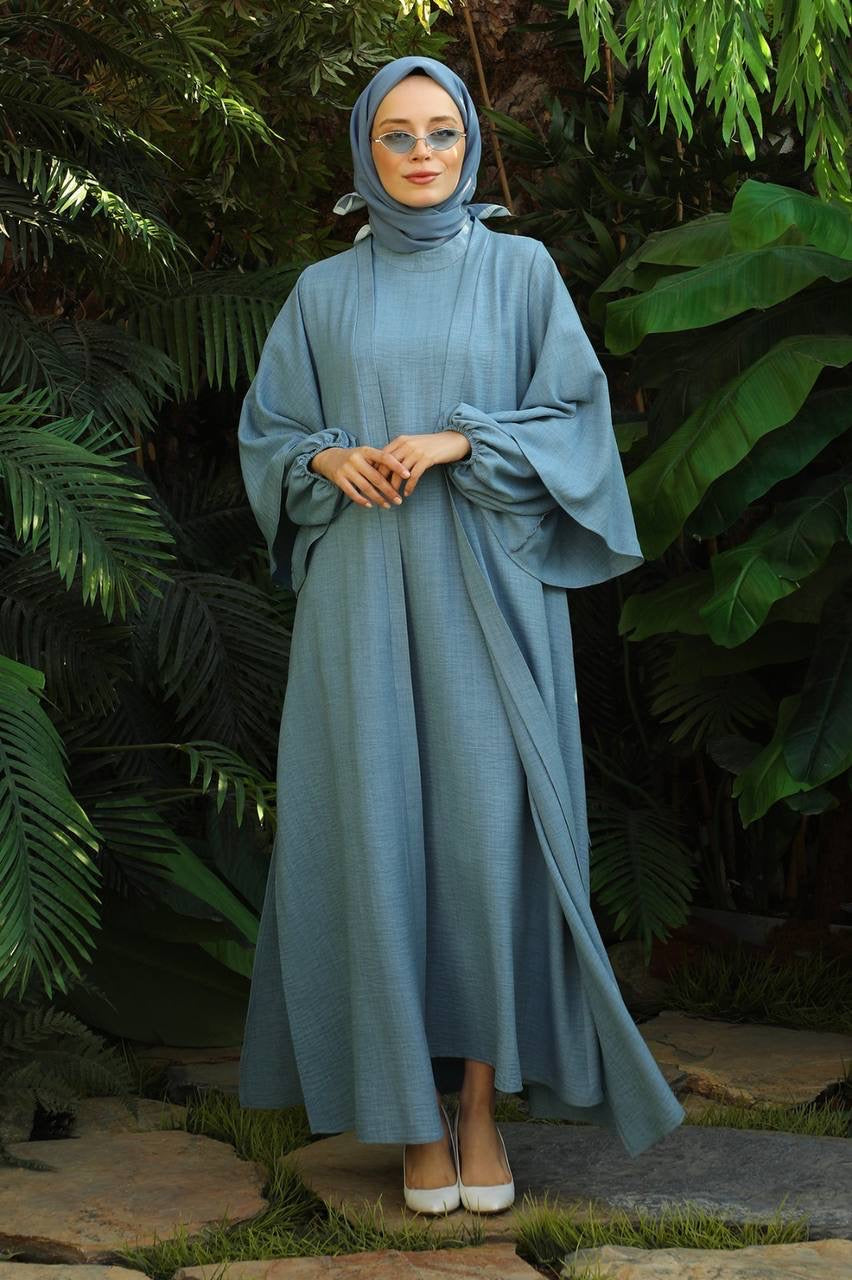 Linen Double Sleeve 2 Piece Abaya Set - Acid Blue