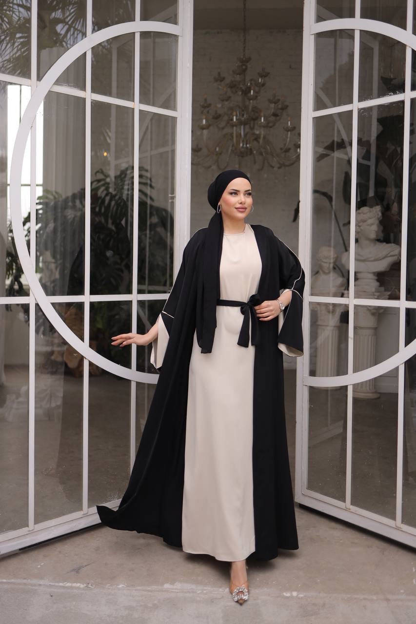 Pin Stripe 2 Piece Abaya Set - Black/Off White