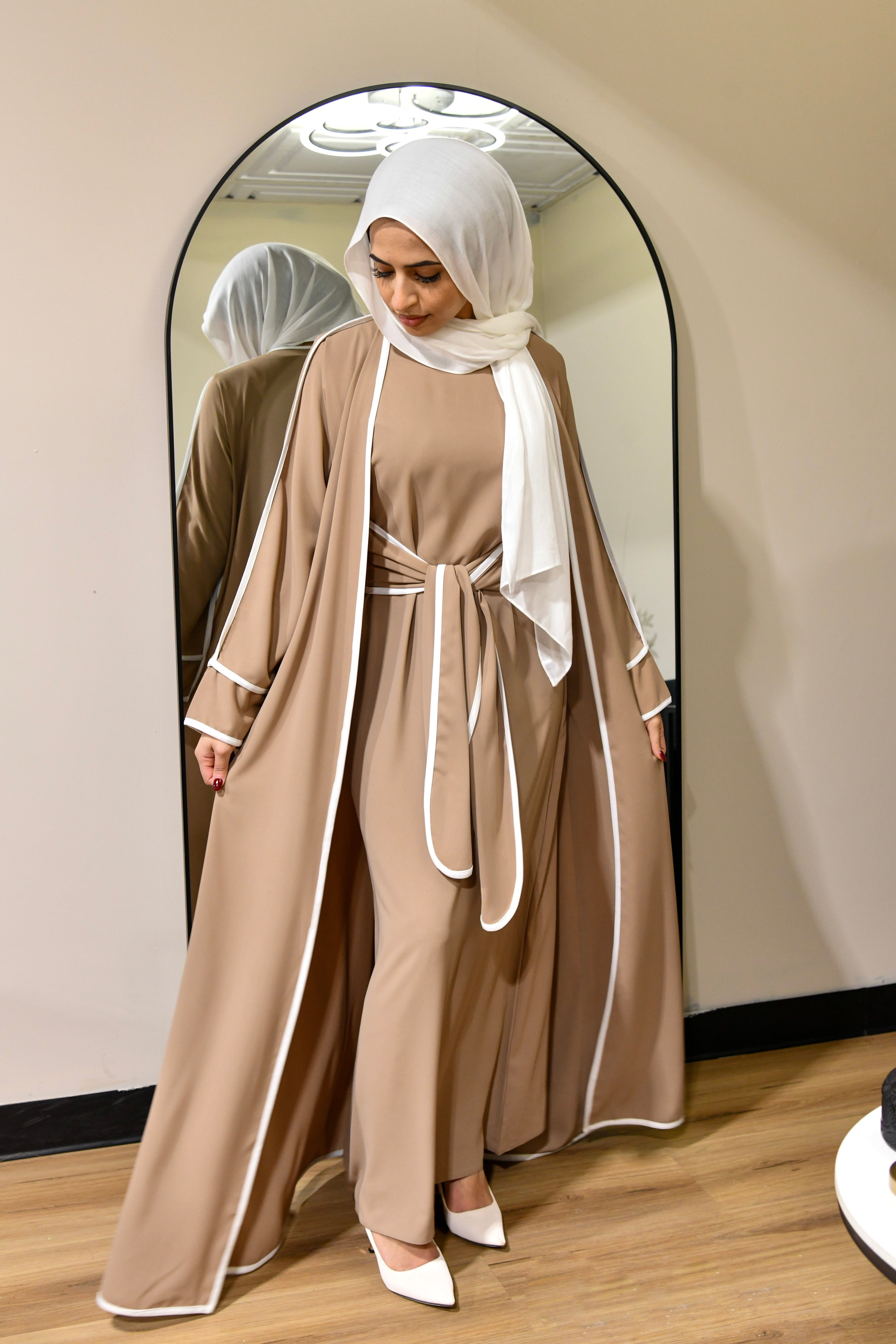 Stripe Tie Waist Abaya Set - Biege