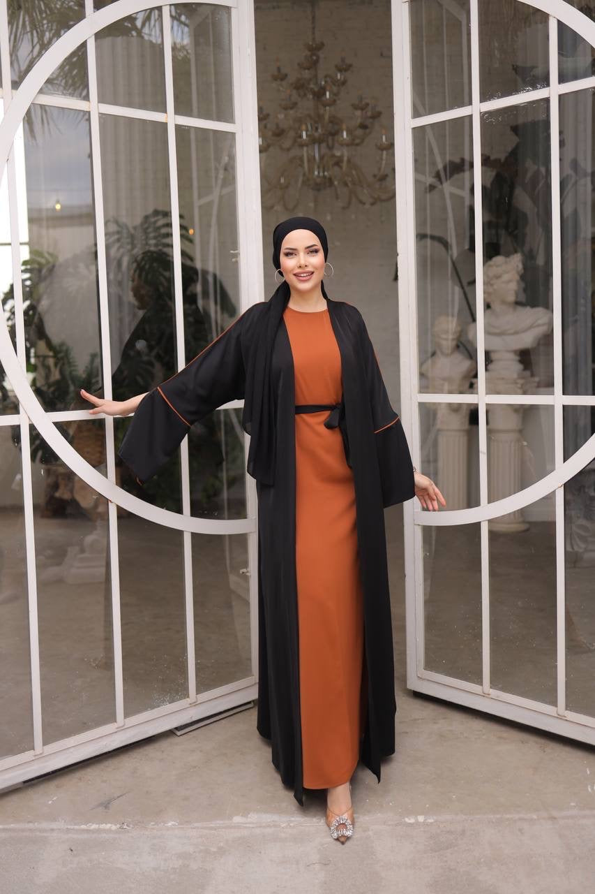 Pin Stripe 2 Piece Abaya Set - Black/Pumkpin