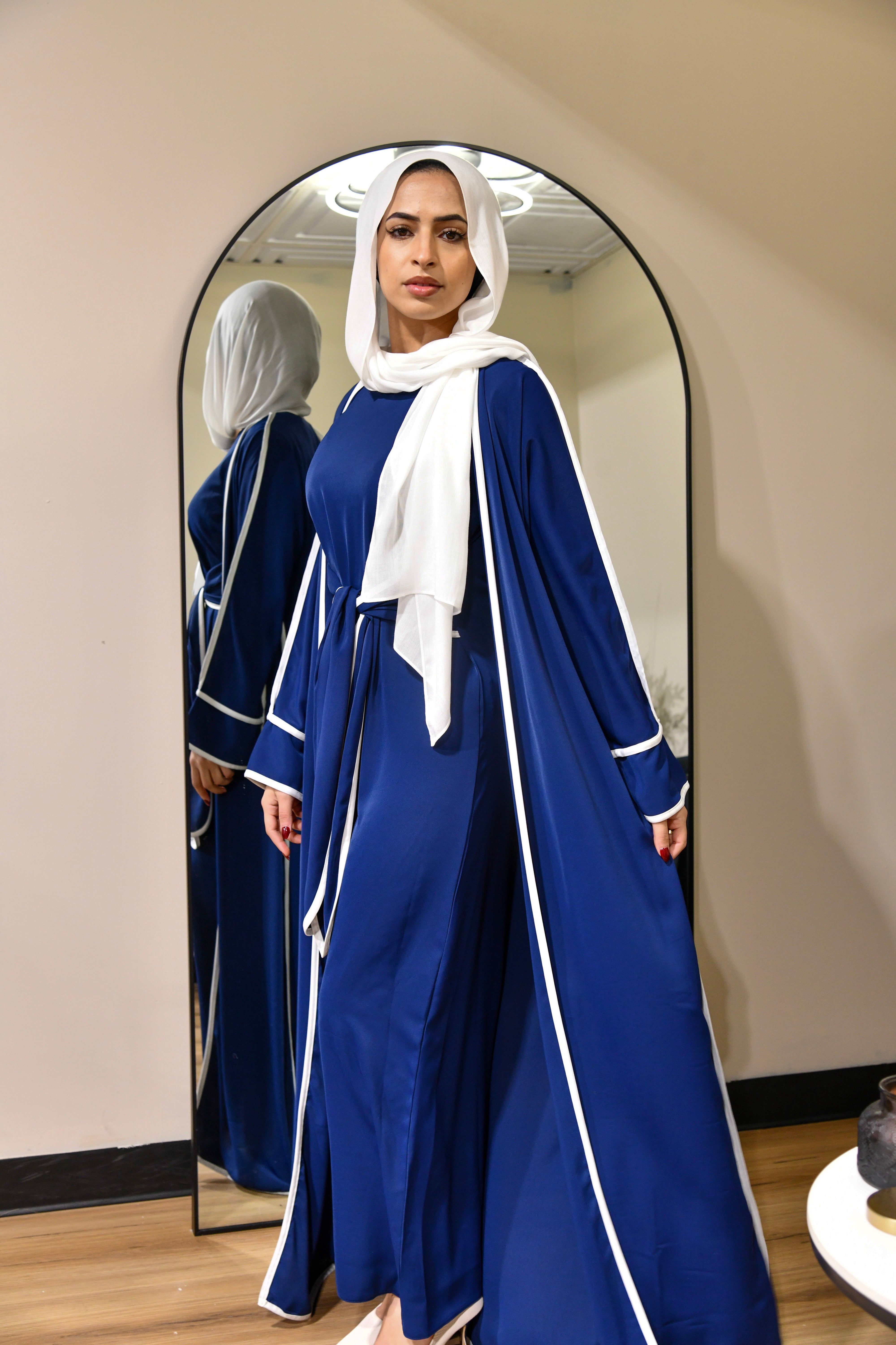 Stripe Tie Waist Abaya Set - Navy Blue