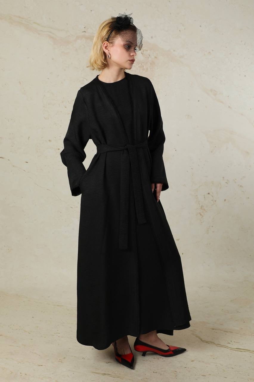 Linen 2 Piece Abaya Set - Black