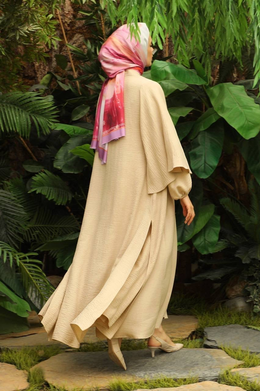 Linen Double Sleeve 2 Piece Abaya Set - Nude