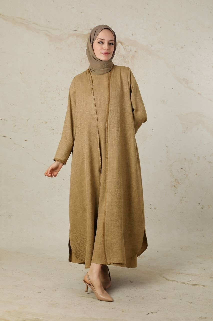 Linen 2 Piece Abaya Set - Mocha