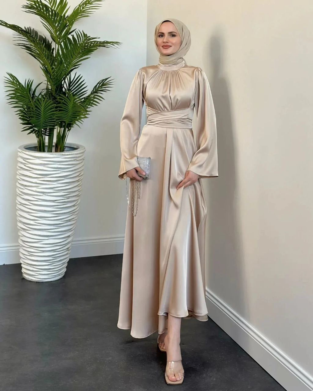 Satin Wrap Maxi Evening Dress - Nude