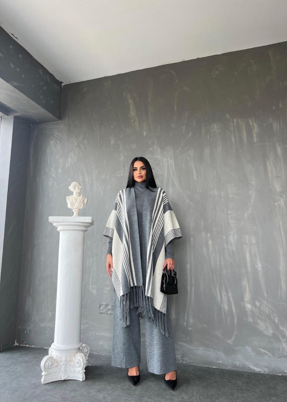 3 Piece Pancho Sweater Set - Grey