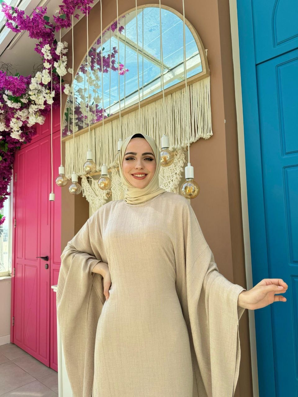 Brushed Satin Butterfly Abaya Dress - Nude