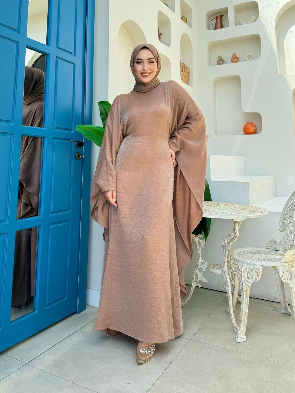 Brushed Satin Butterfly Abaya Dress - Mocha