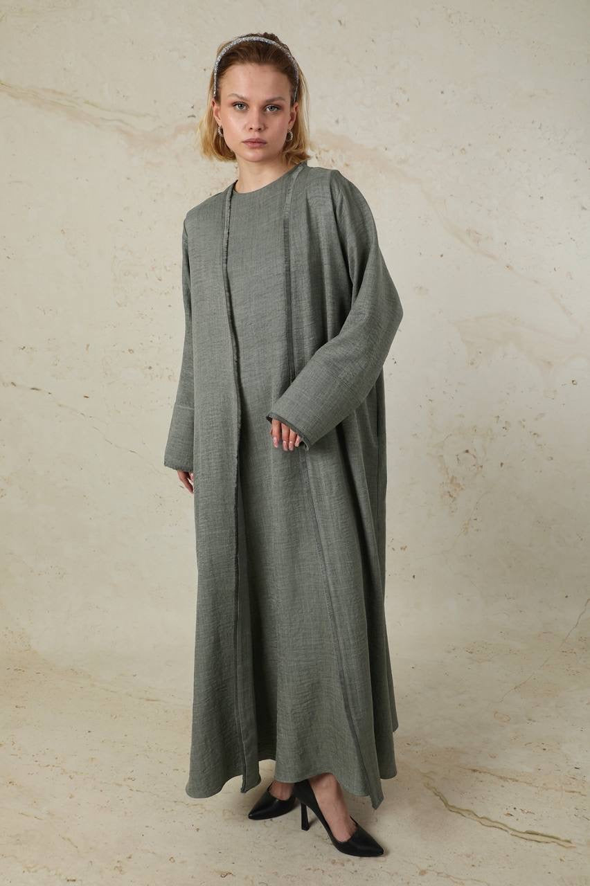 Linen 2 Piece Abaya Set - Charcoal