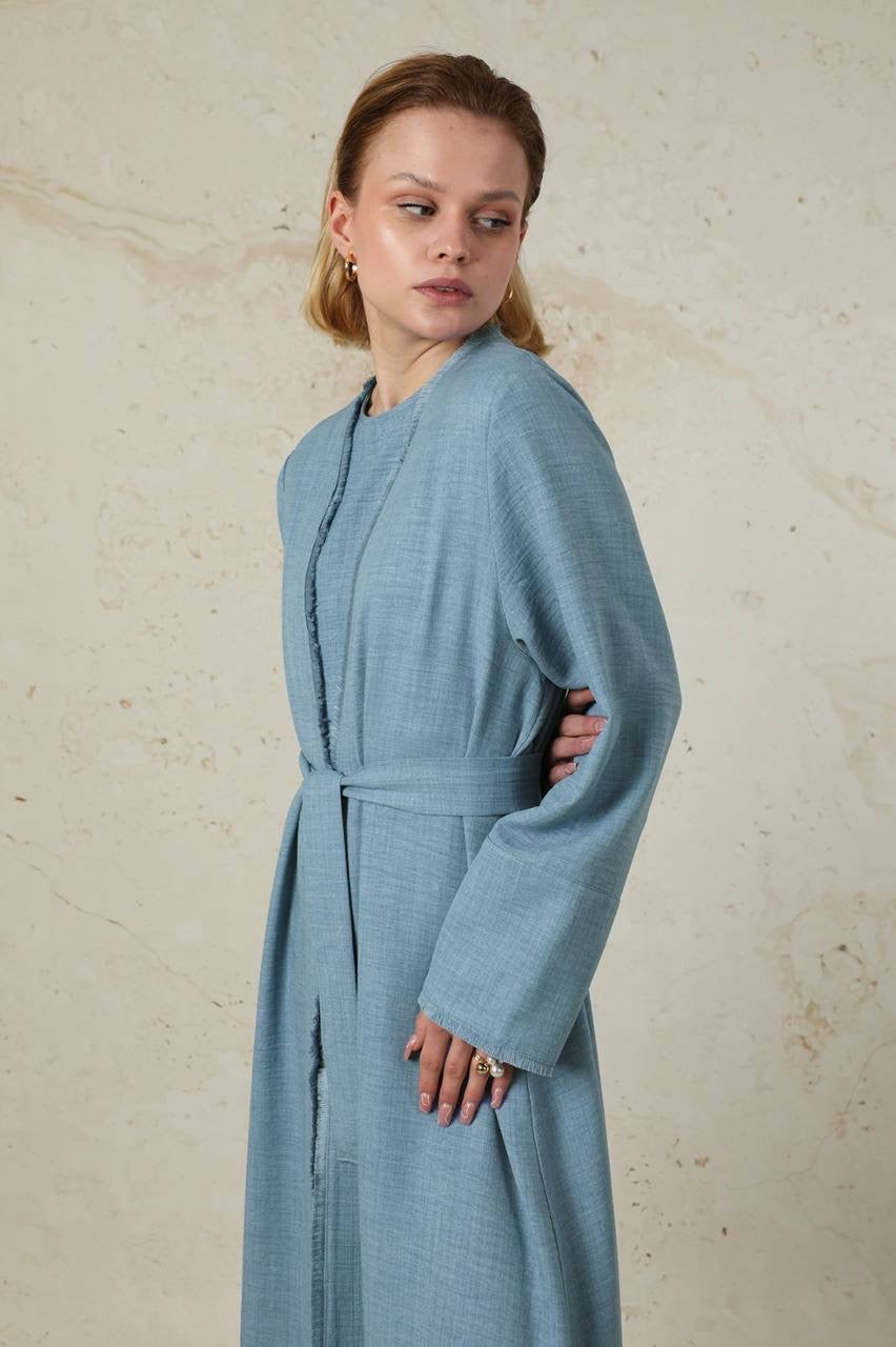 Linen 2 Piece Abaya Set - Acid Blue