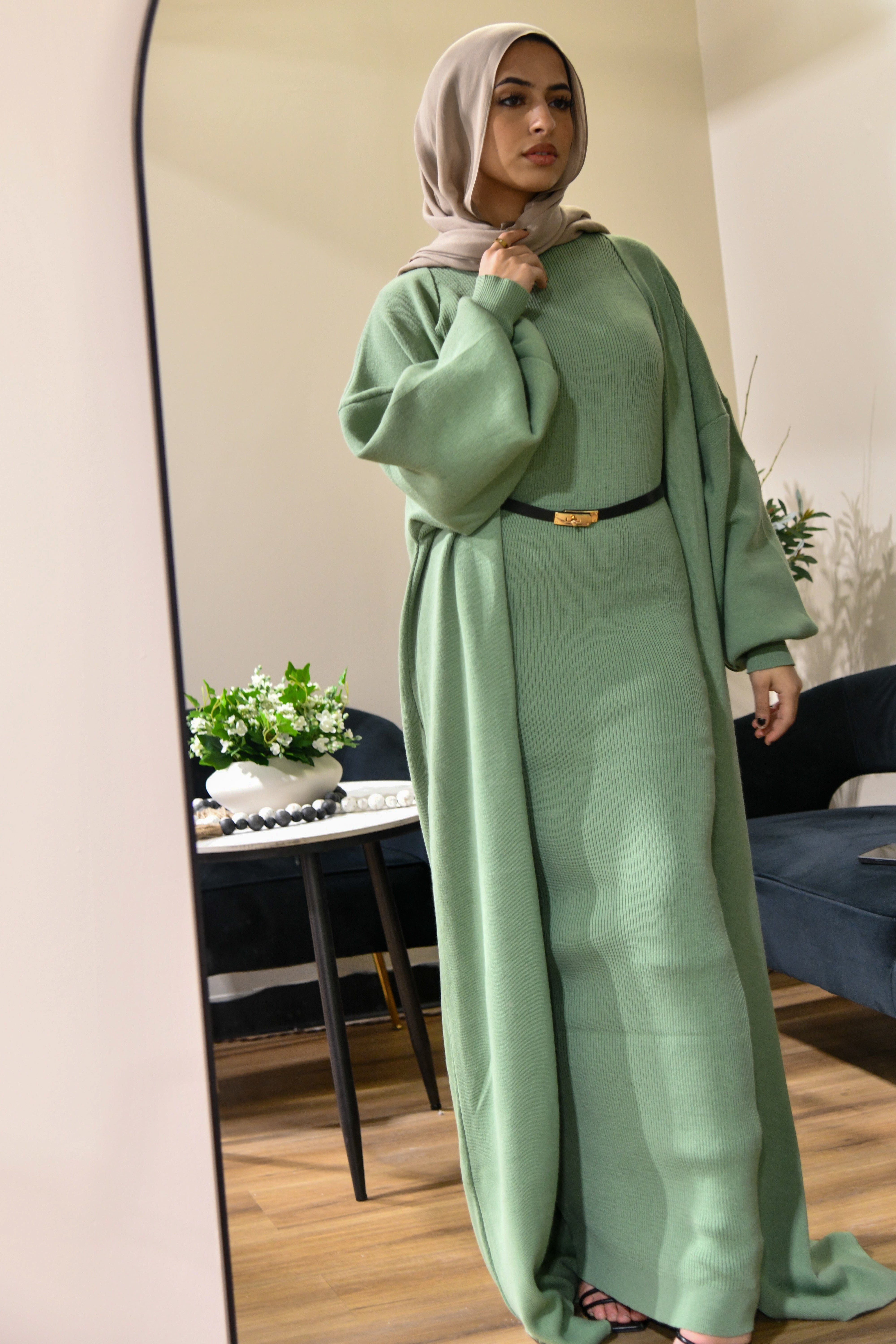 Knitted Abaya 2 Piece Set - Sage