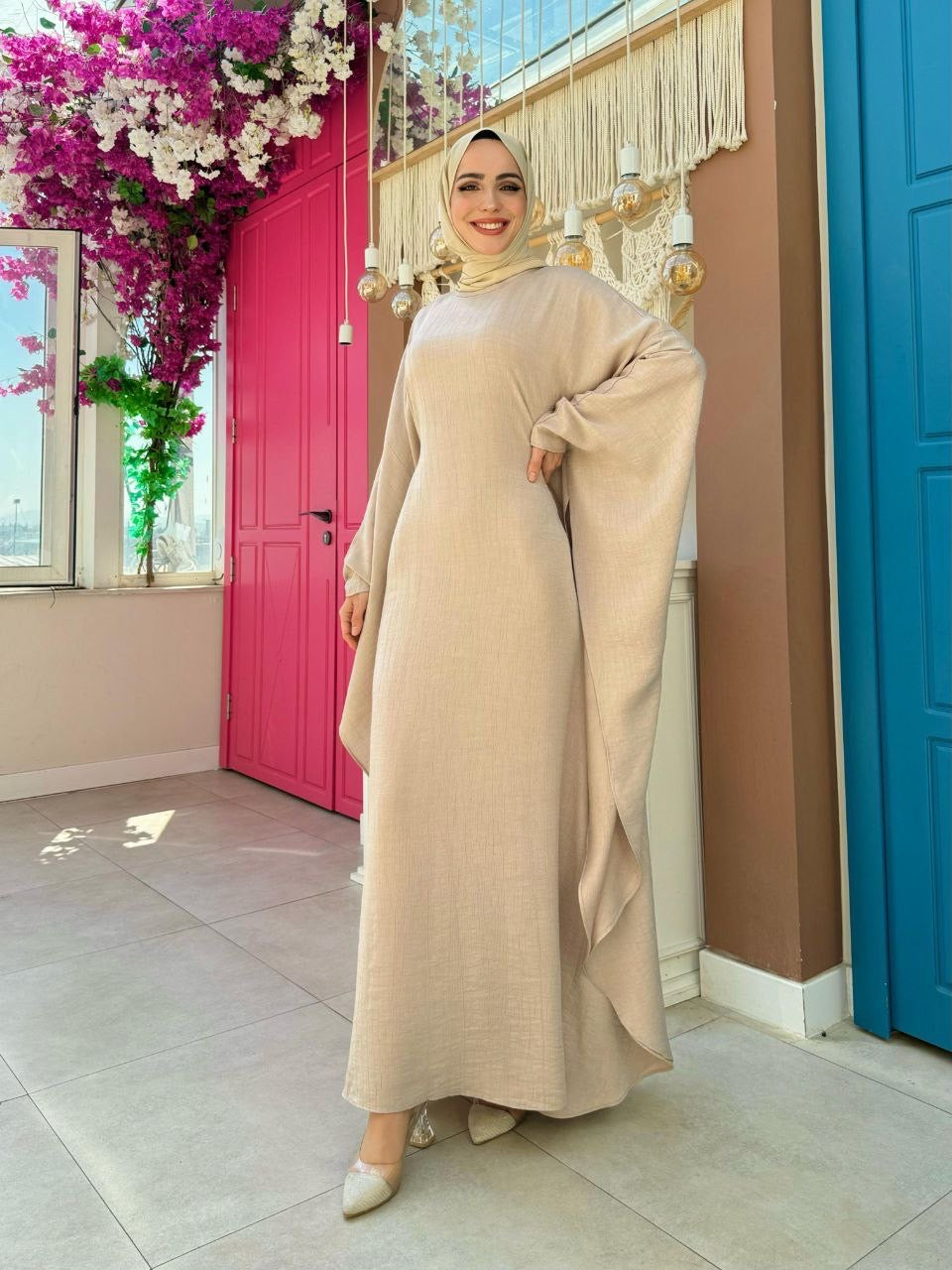 Brushed Satin Butterfly Abaya Dress - Nude