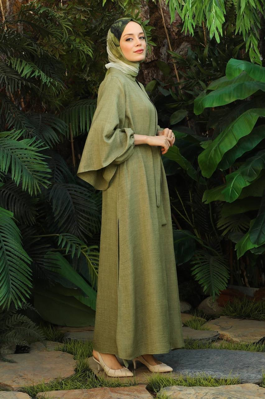 Linen Double Sleeve 2 Piece Abaya Set - Olive