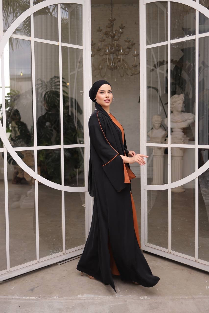 Pin Stripe 2 Piece Abaya Set - Black/Pumkpin