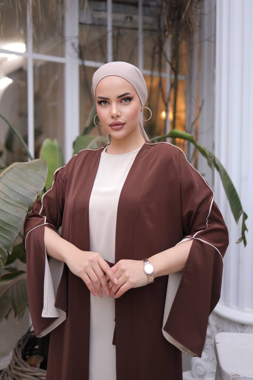 Pin Stripe 2 Piece Abaya Set - Brown/Off White