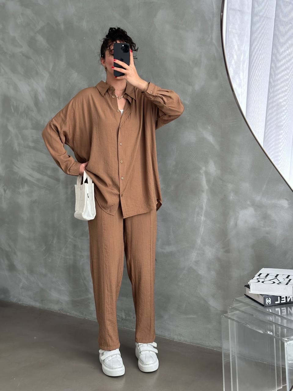 Cotton Linen Sleeve 2 Piece Set - Brown