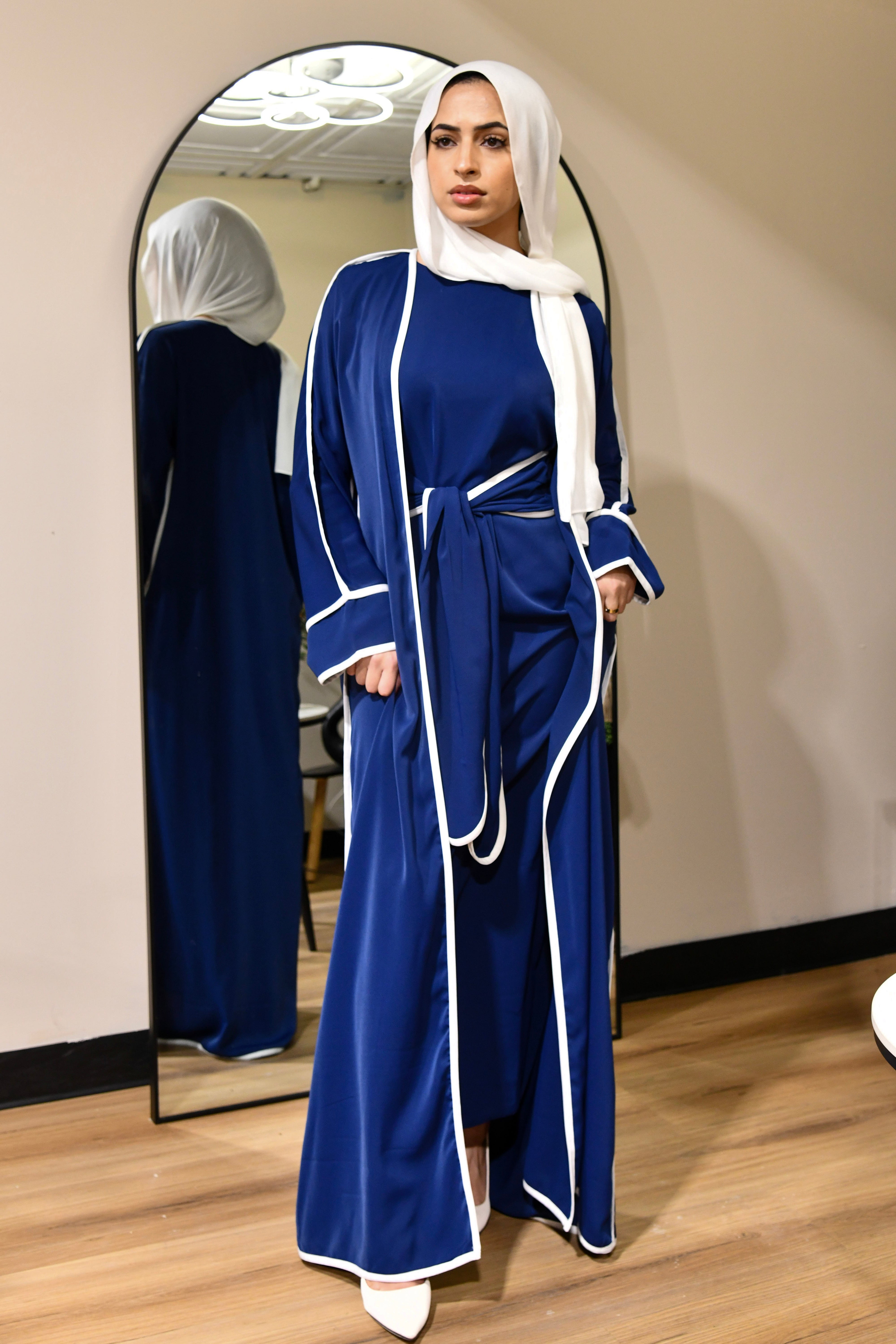 Stripe Tie Waist Abaya Set - Navy Blue