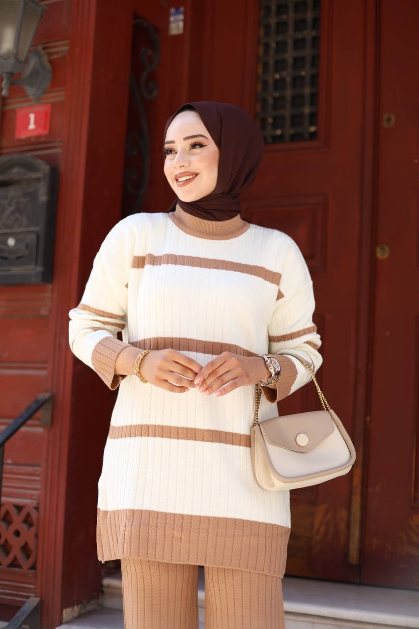 Knitted Striped 2 Piece Set - Mocha