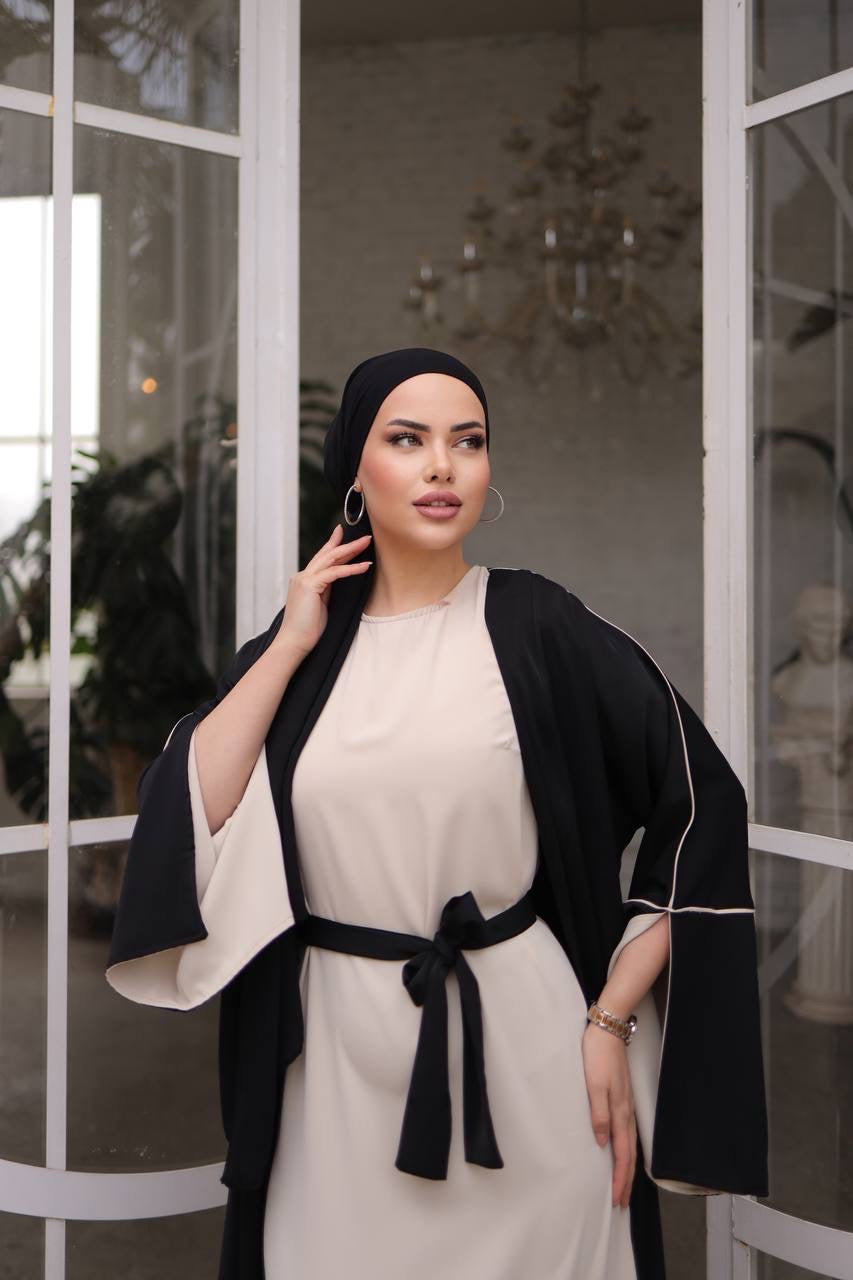 Pin Stripe 2 Piece Abaya Set - Black/Off White