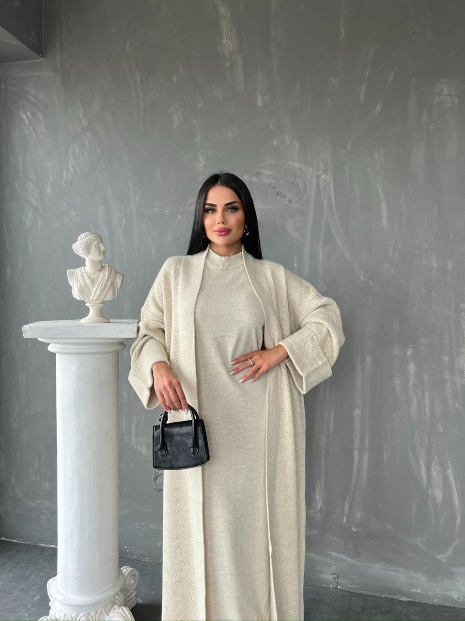 Knitted Abaya Cardigan 2 Piece Set - Off White