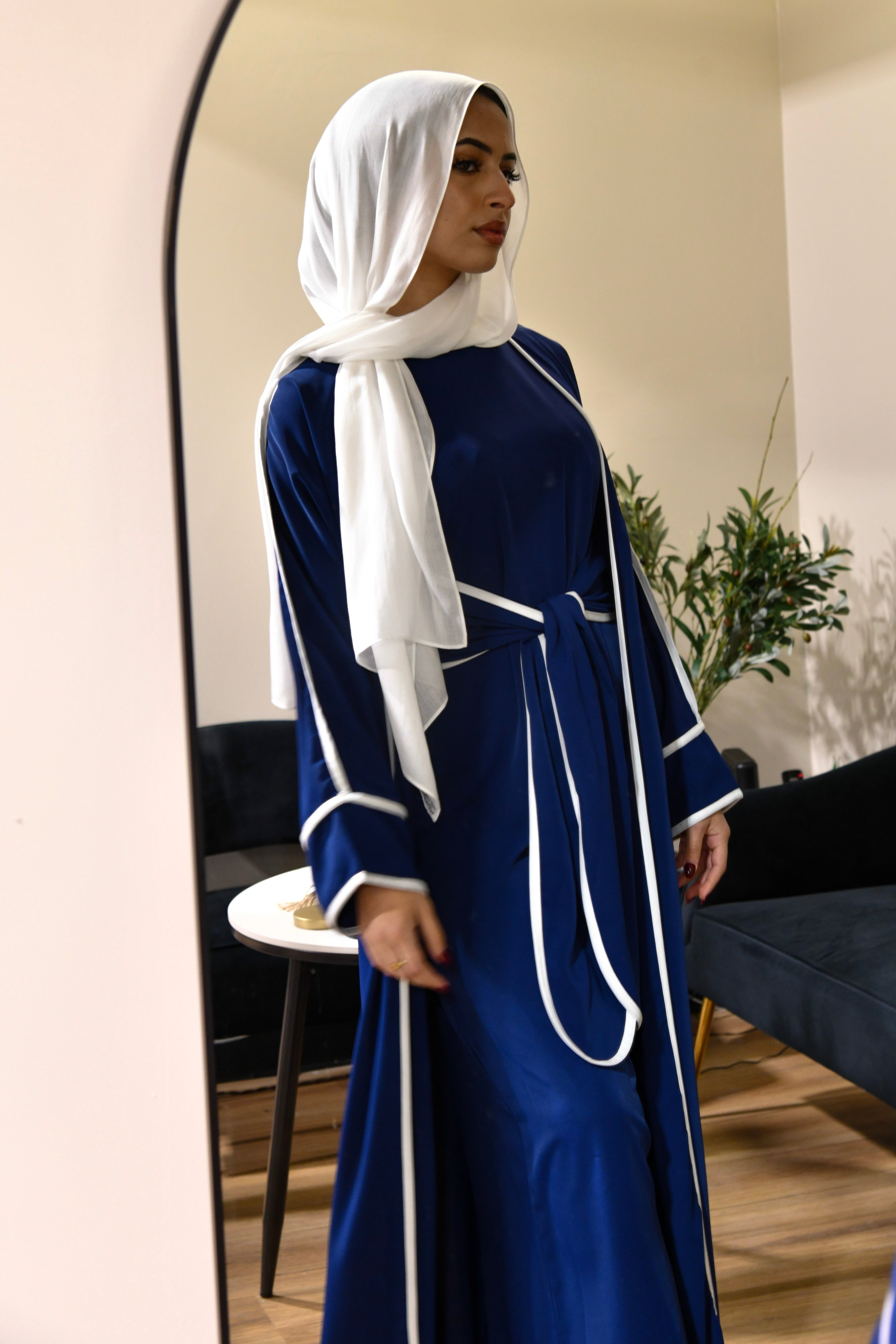 Stripe Tie Waist Abaya Set - Navy Blue