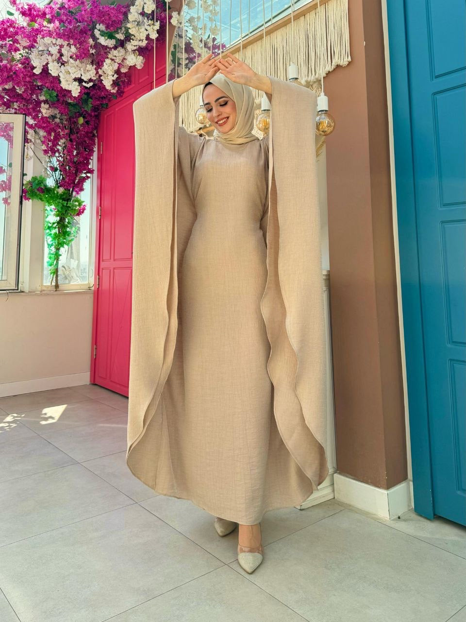 Brushed Satin Butterfly Abaya Dress - Nude