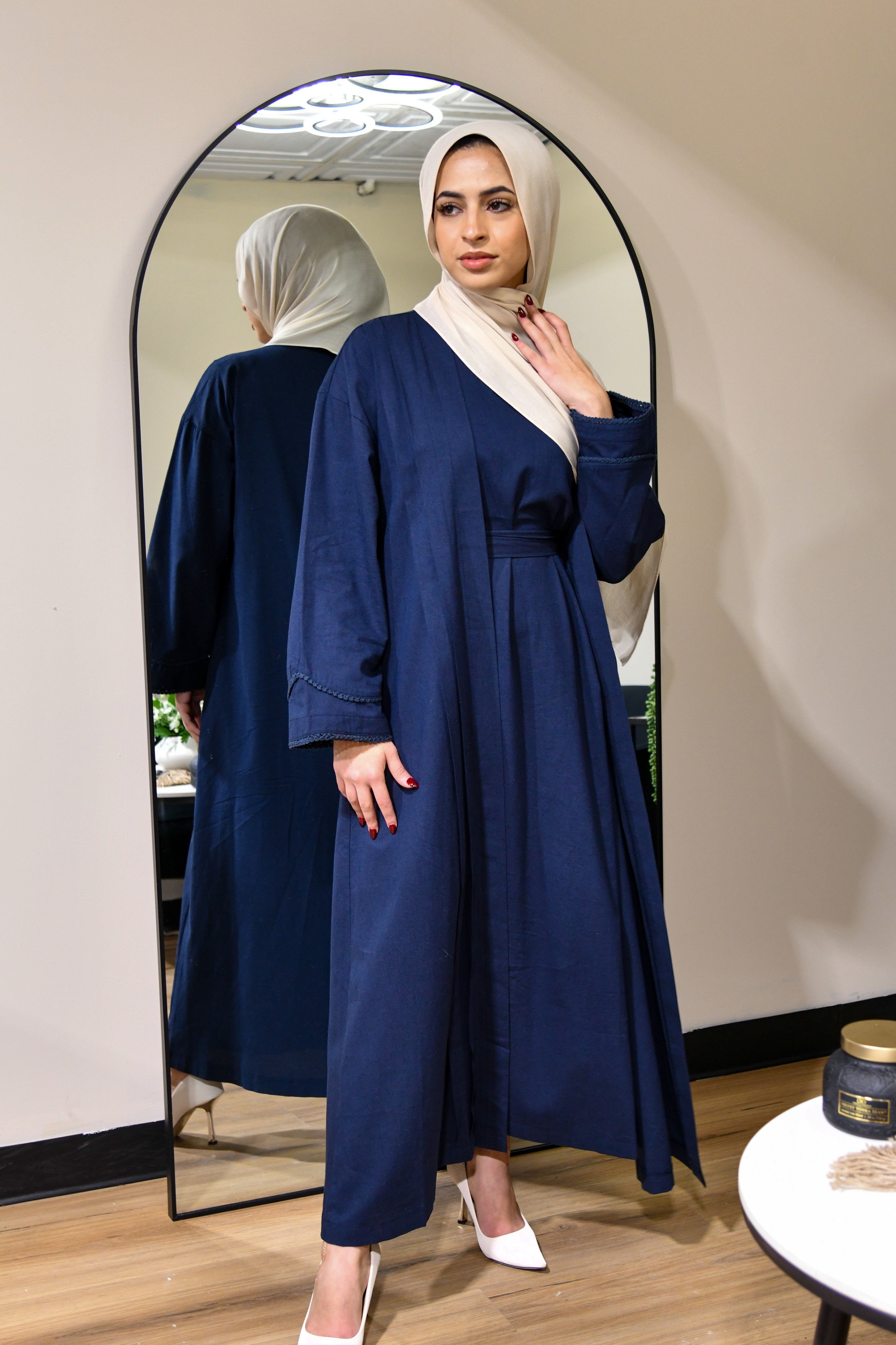 Linen Abaya Set Dress - Navy Blue