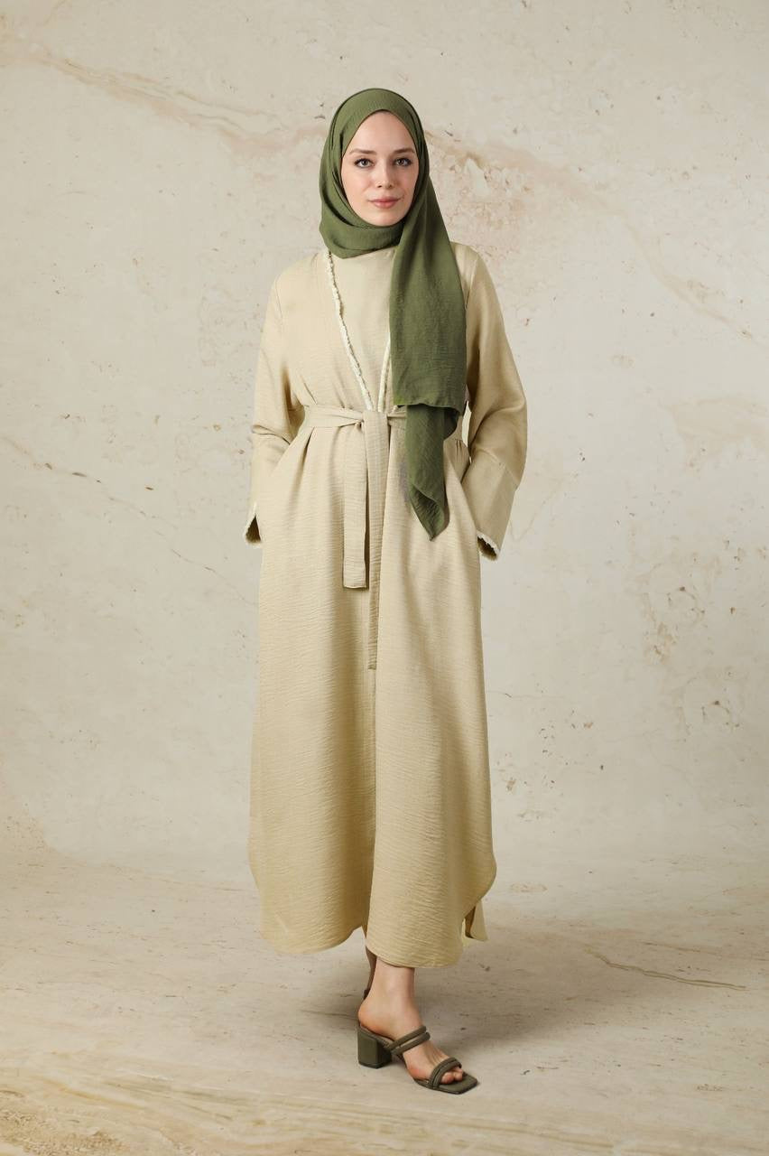 Linen 2 Piece Abaya Set - Nude