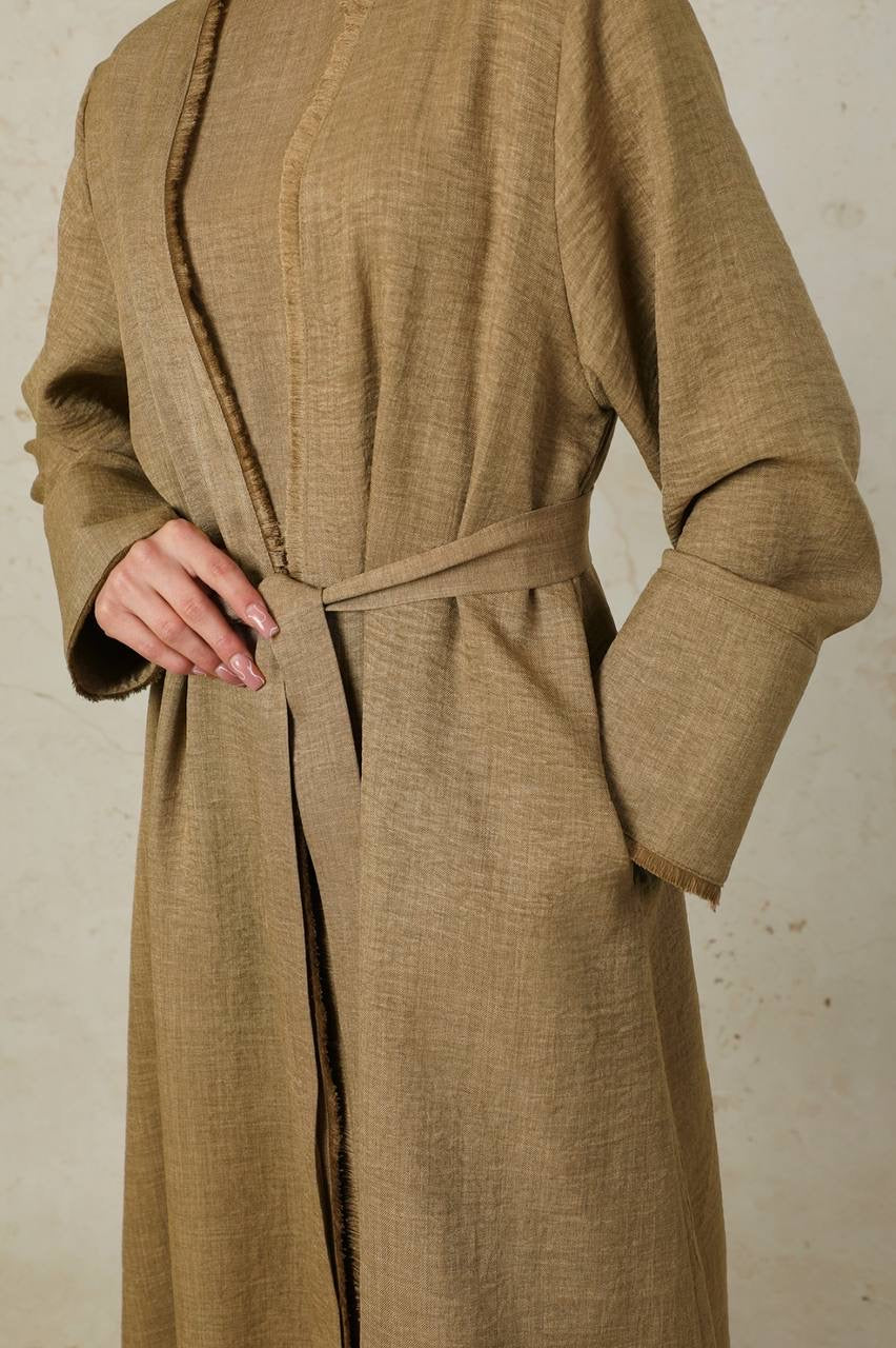 Linen 2 Piece Abaya Set - Mocha