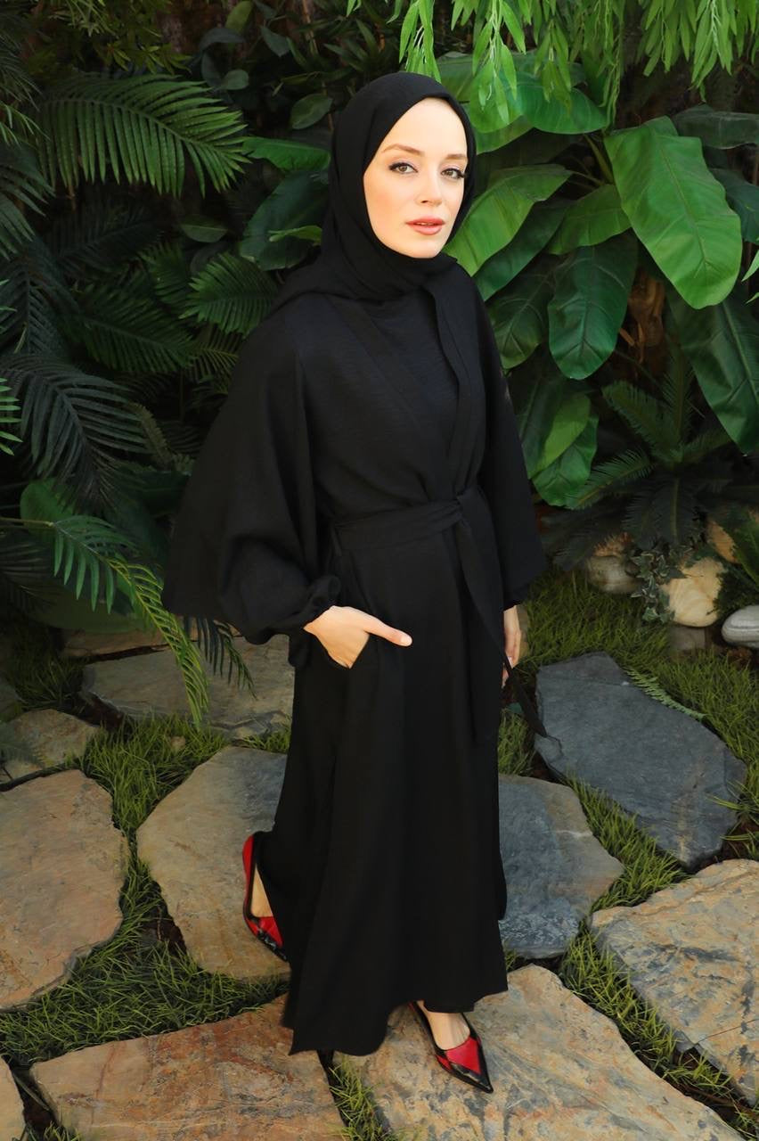 Linen Double Sleeve 2 Piece Abaya Set - Black