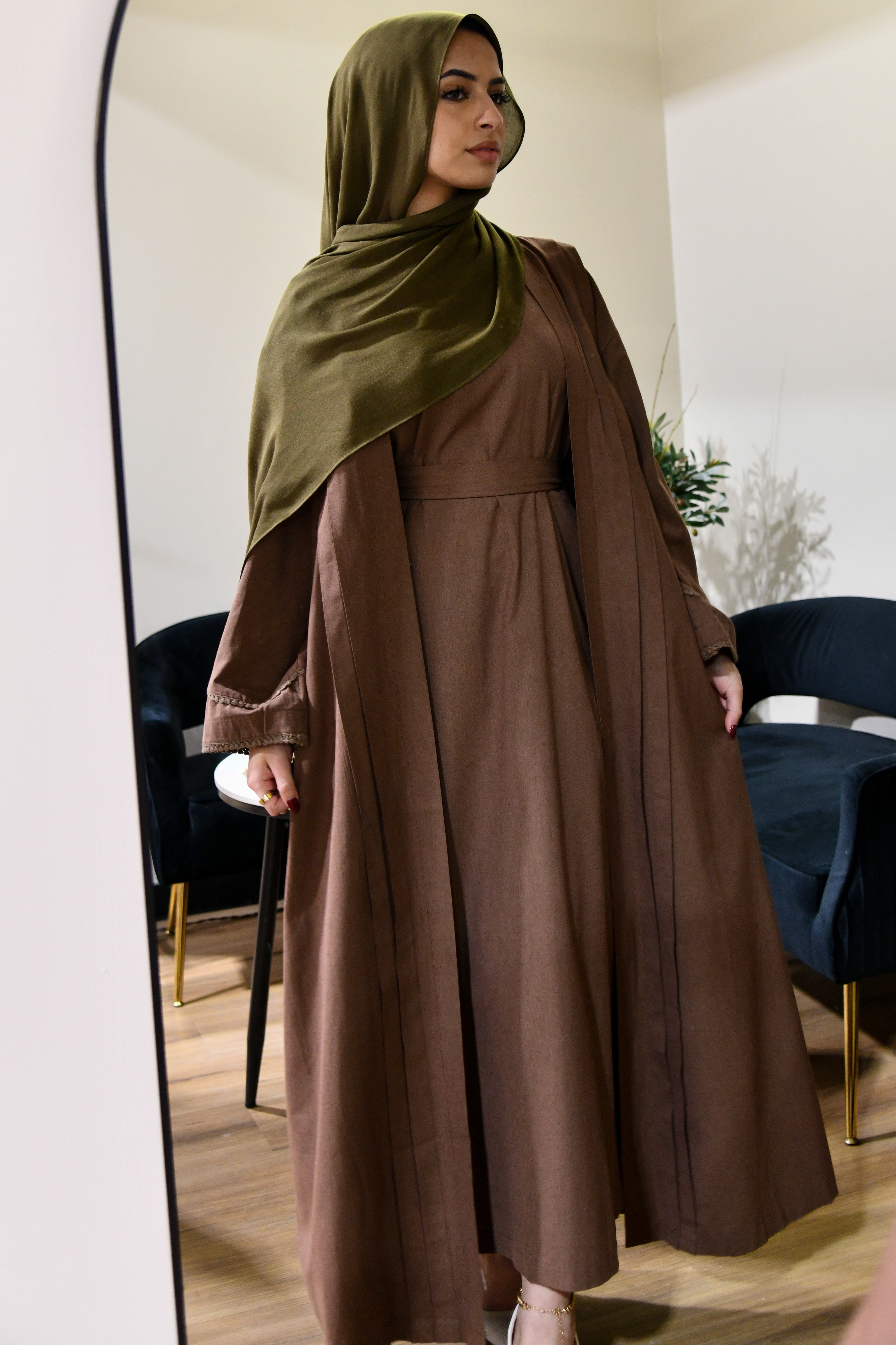 Linen Abaya Set Dress - Brown