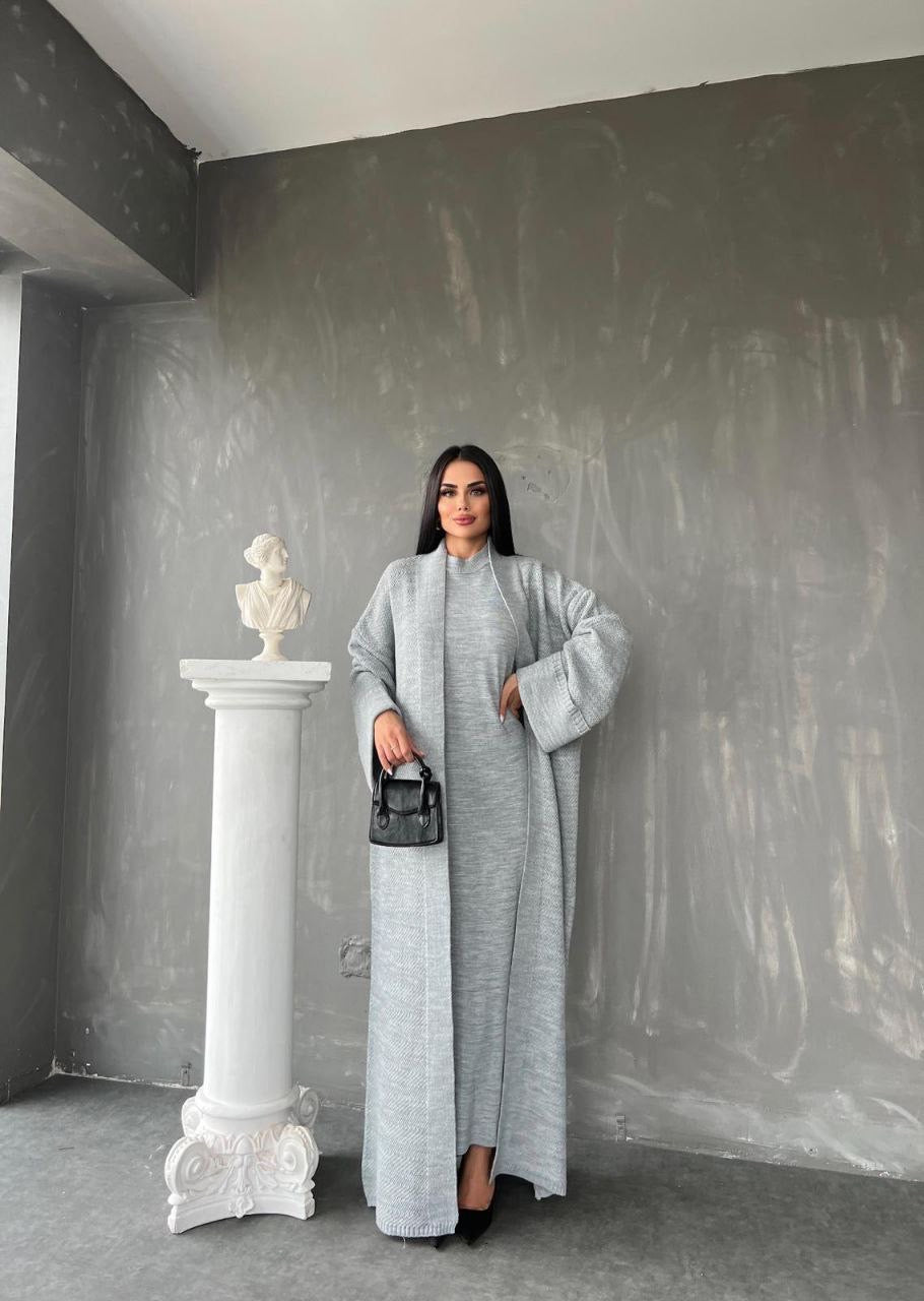 Knitted Abaya Cardigan 2 Piece Set - Grey