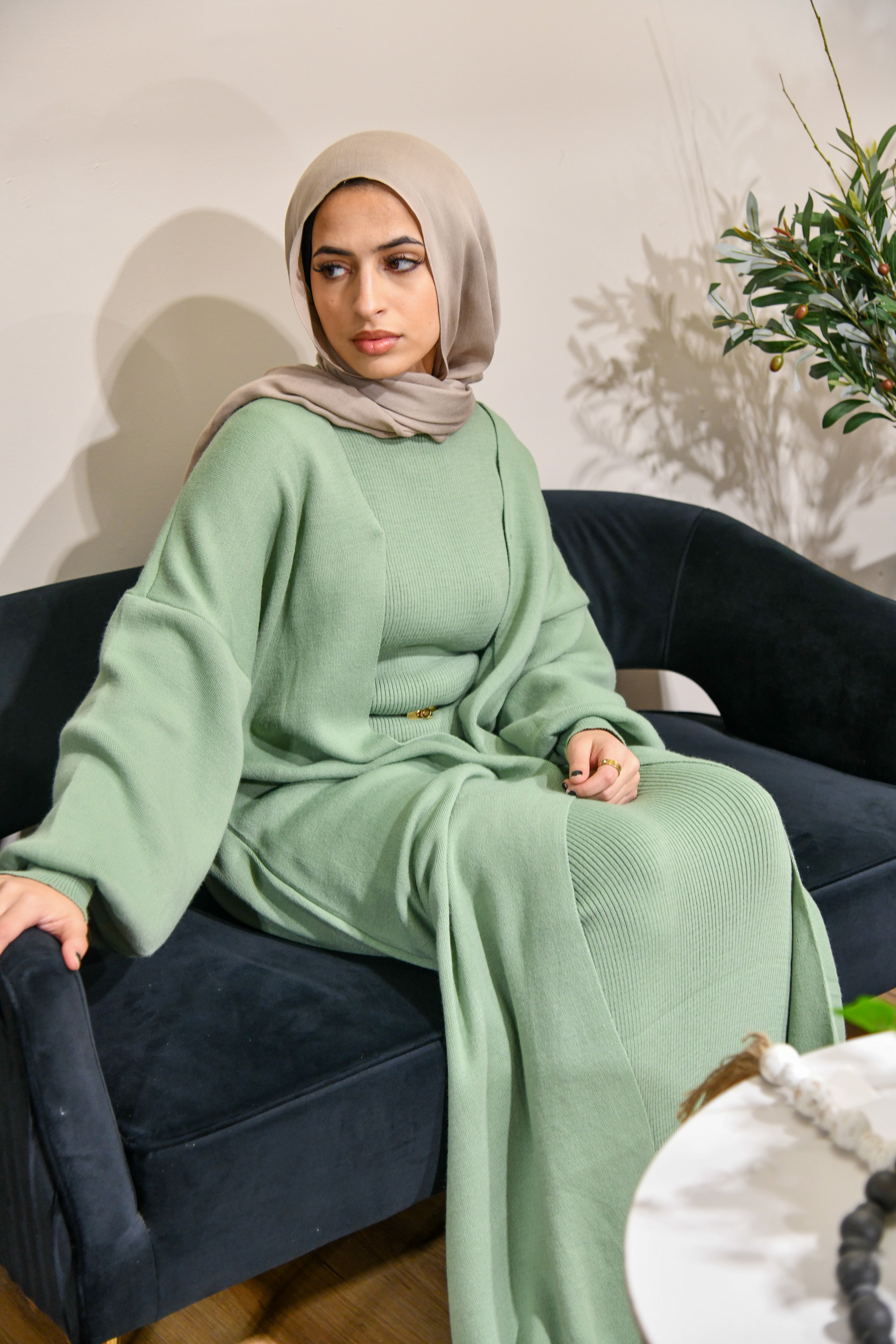 Knitted Abaya 2 Piece Set - Sage