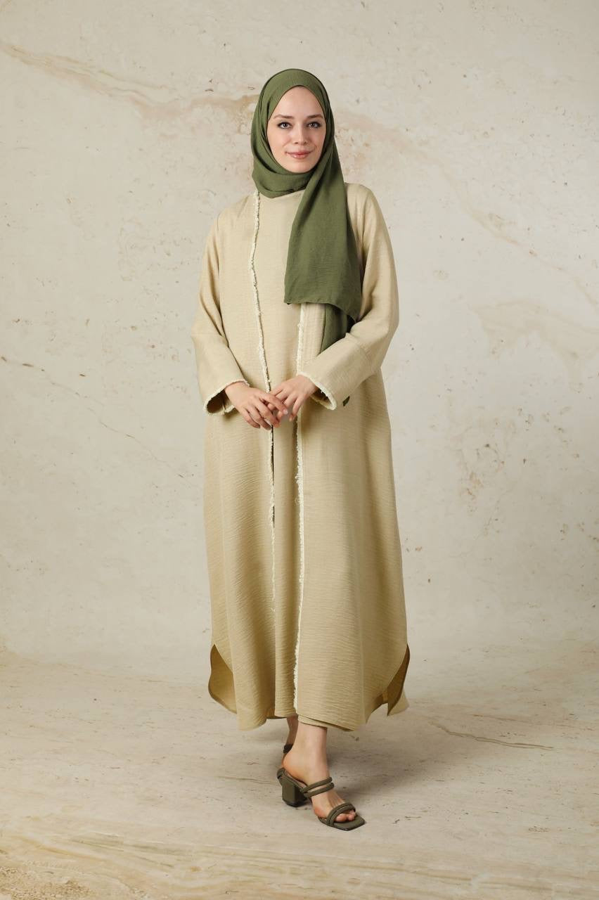 Linen 2 Piece Abaya Set - Nude