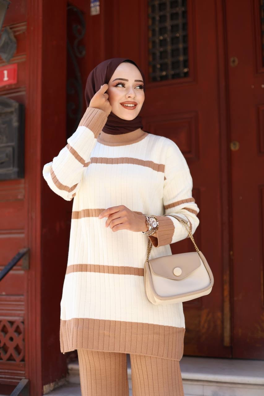 Knitted Striped 2 Piece Set - Mocha