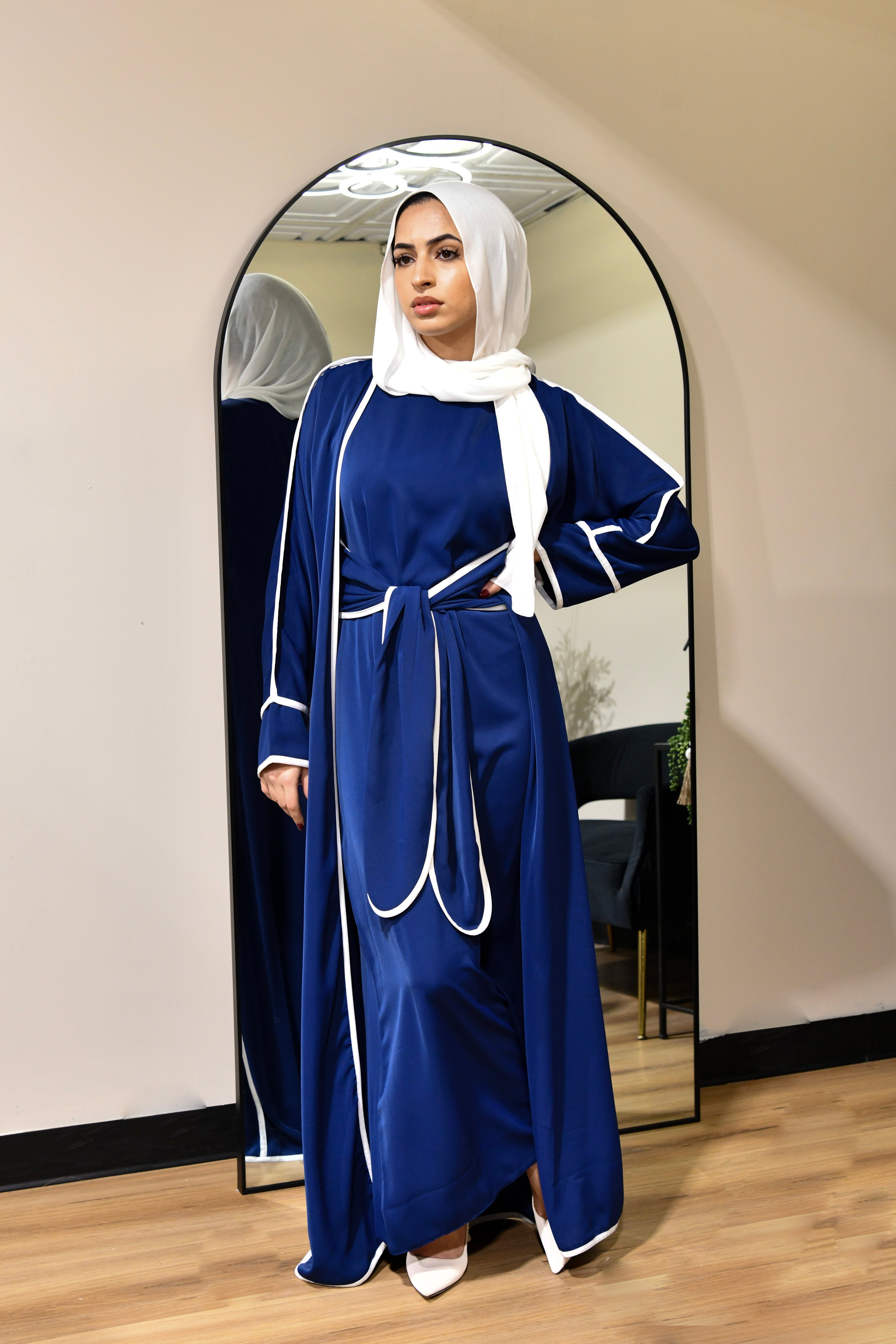 Stripe Tie Waist Abaya Set - Navy Blue