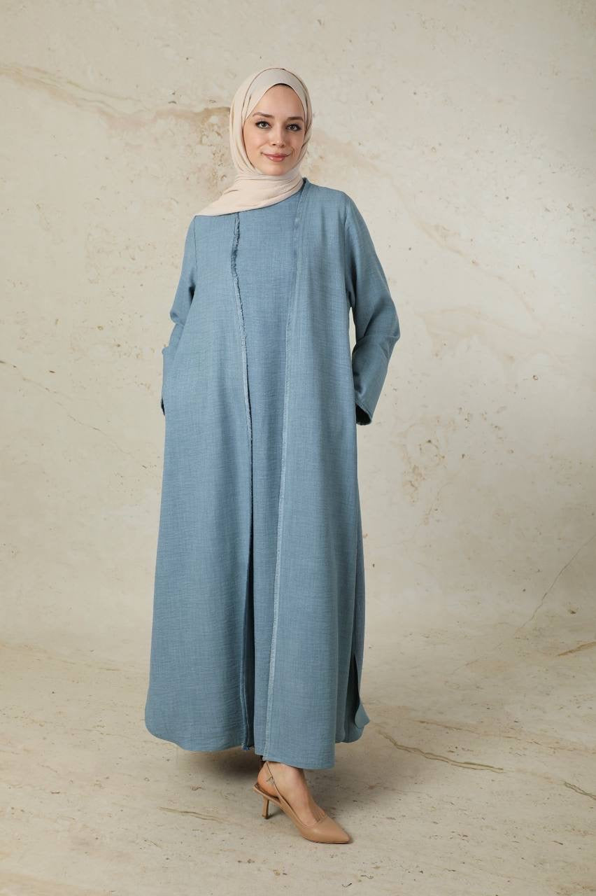 Linen 2 Piece Abaya Set - Acid Blue