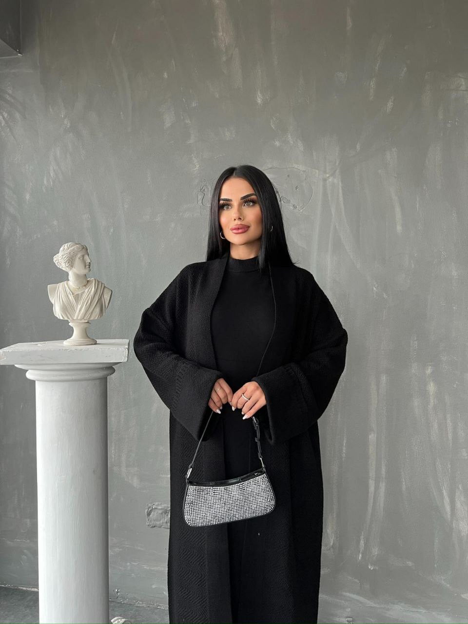 Knitted Abaya Cardigan 2 Piece Set - Black