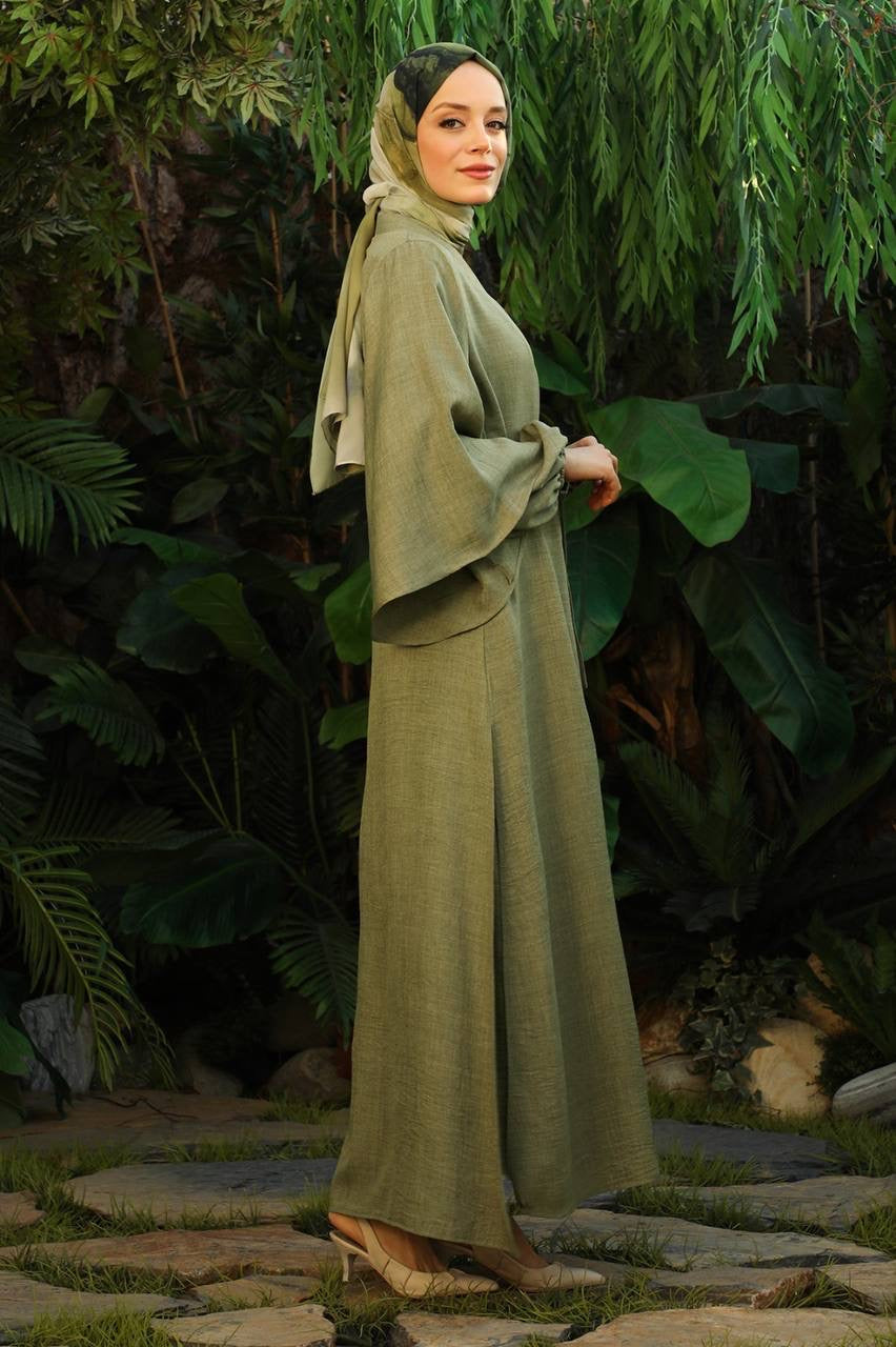 Linen Double Sleeve 2 Piece Abaya Set - Olive