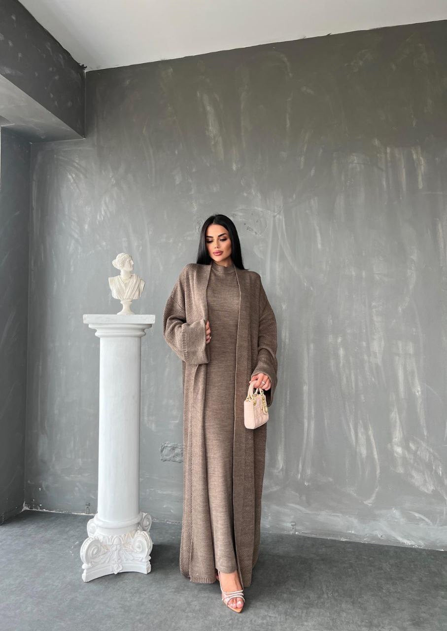 Knitted Abaya Cardigan 2 Piece Set - Mocha