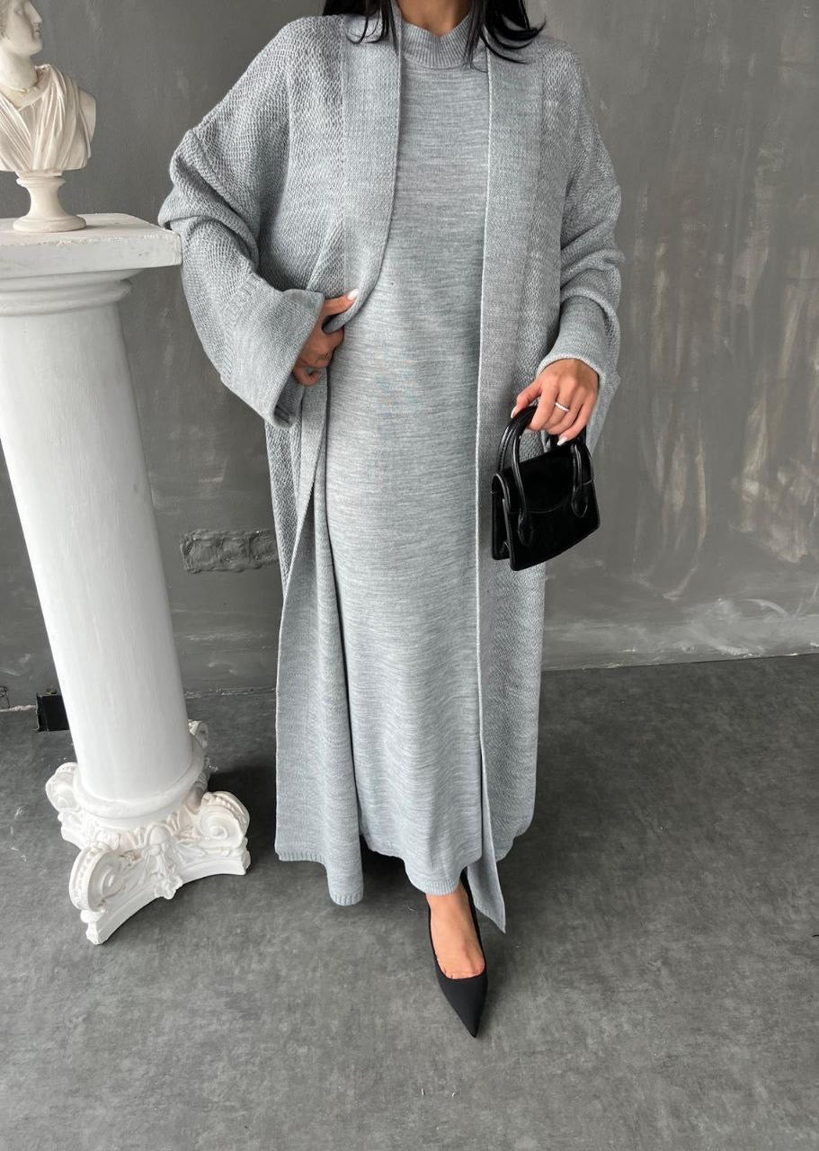 Knitted Abaya Cardigan 2 Piece Set - Grey