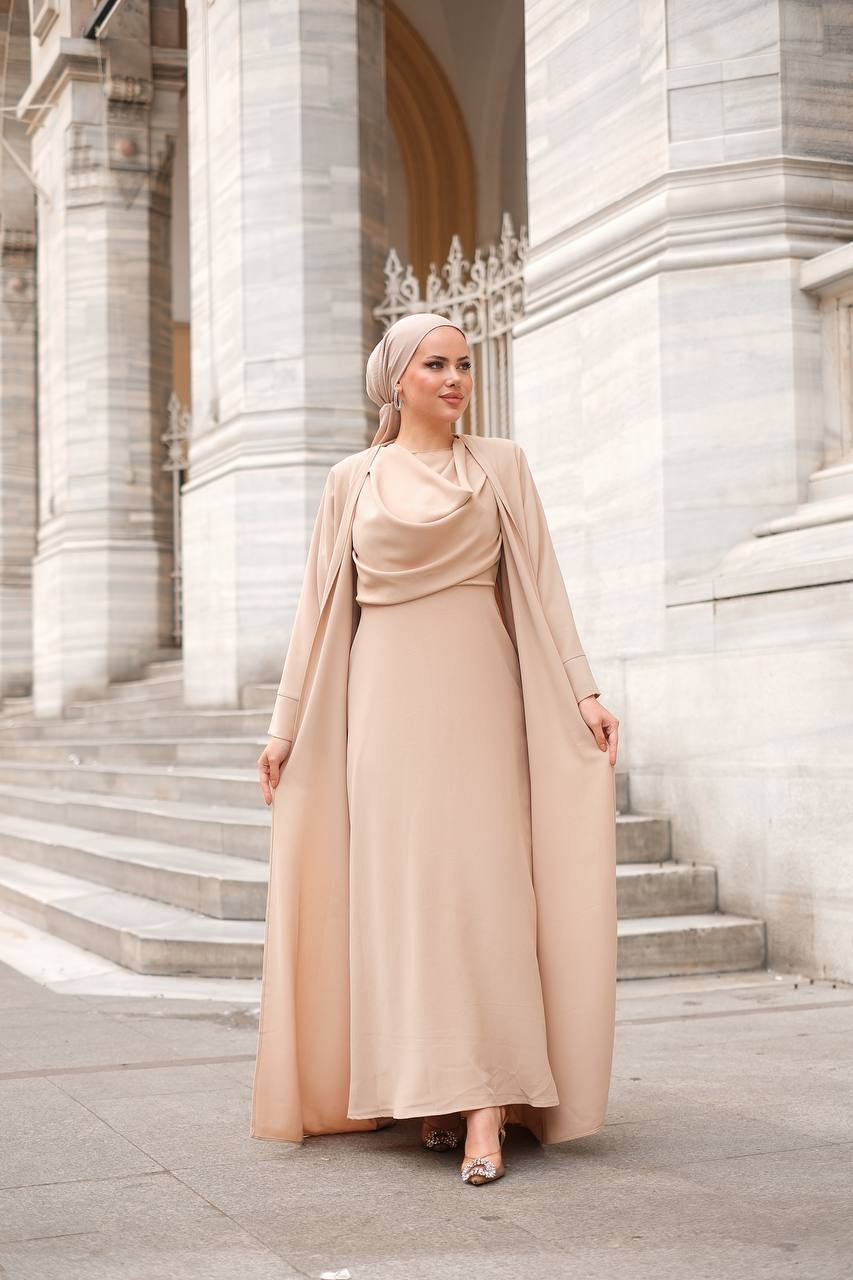 Draped Neck 2 Piece Abaya Set - Nude